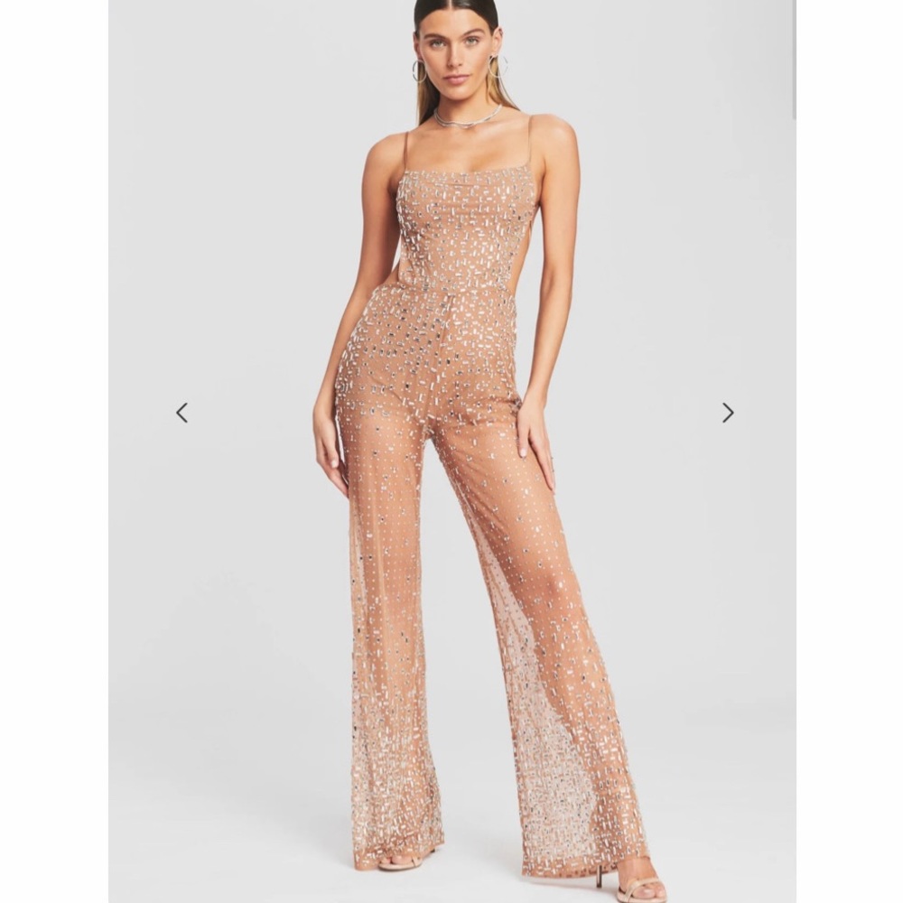 Retrofete Nude Beaded Sheer Jumpsuit